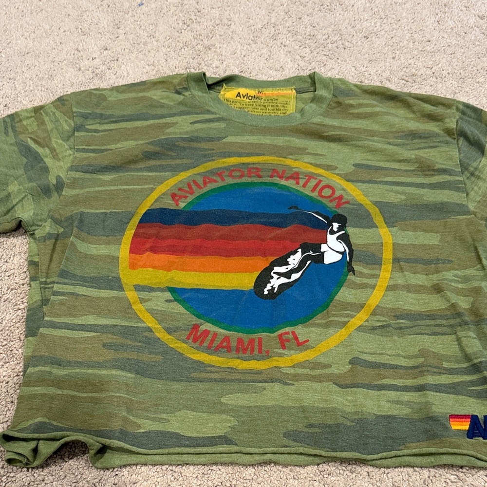 Aviator Nation Green Camo Tee with Rainbow Logo